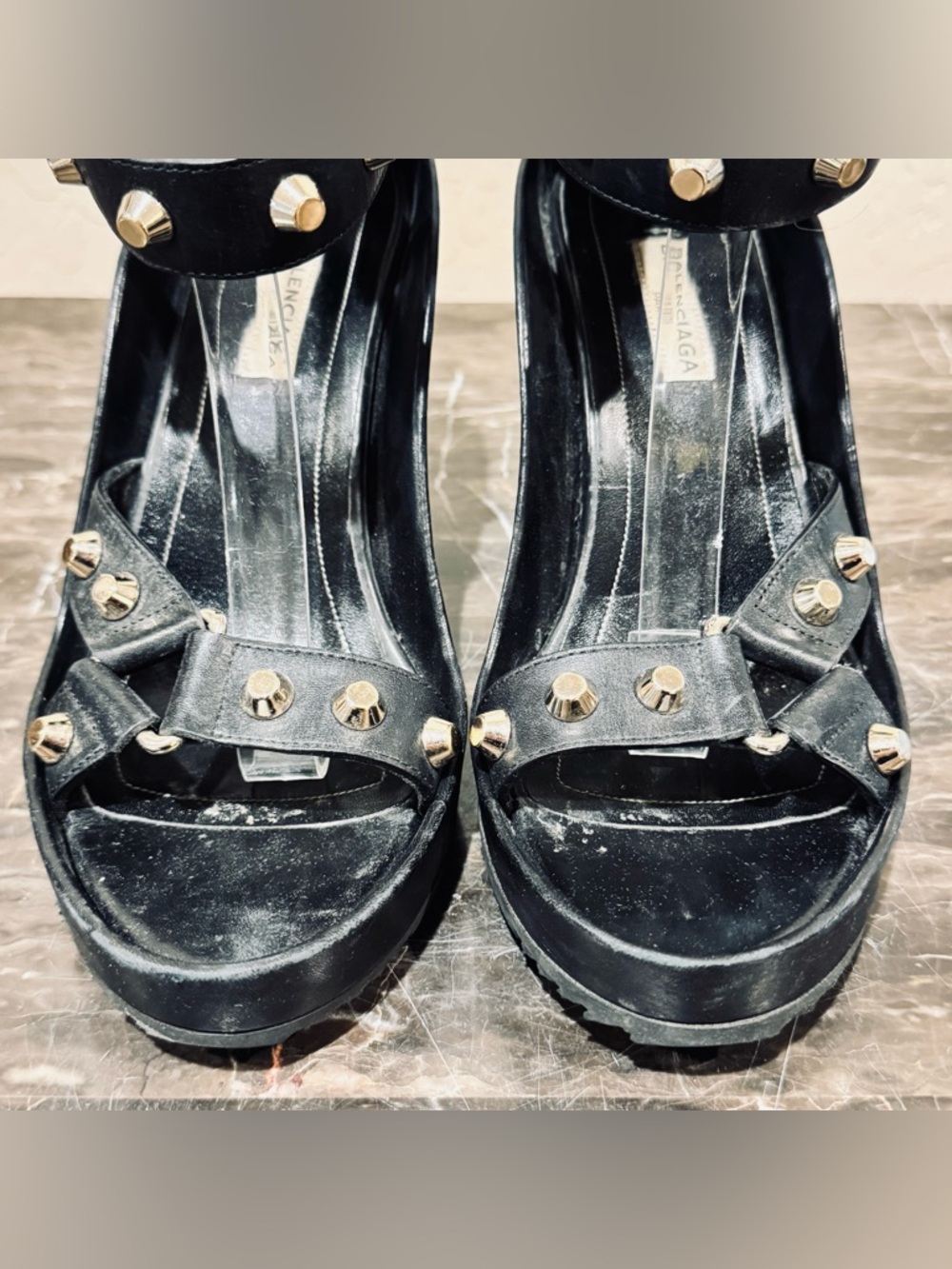 Balenciaga Black Leather Studded Wedge Sandals - Picture 9 of 16
